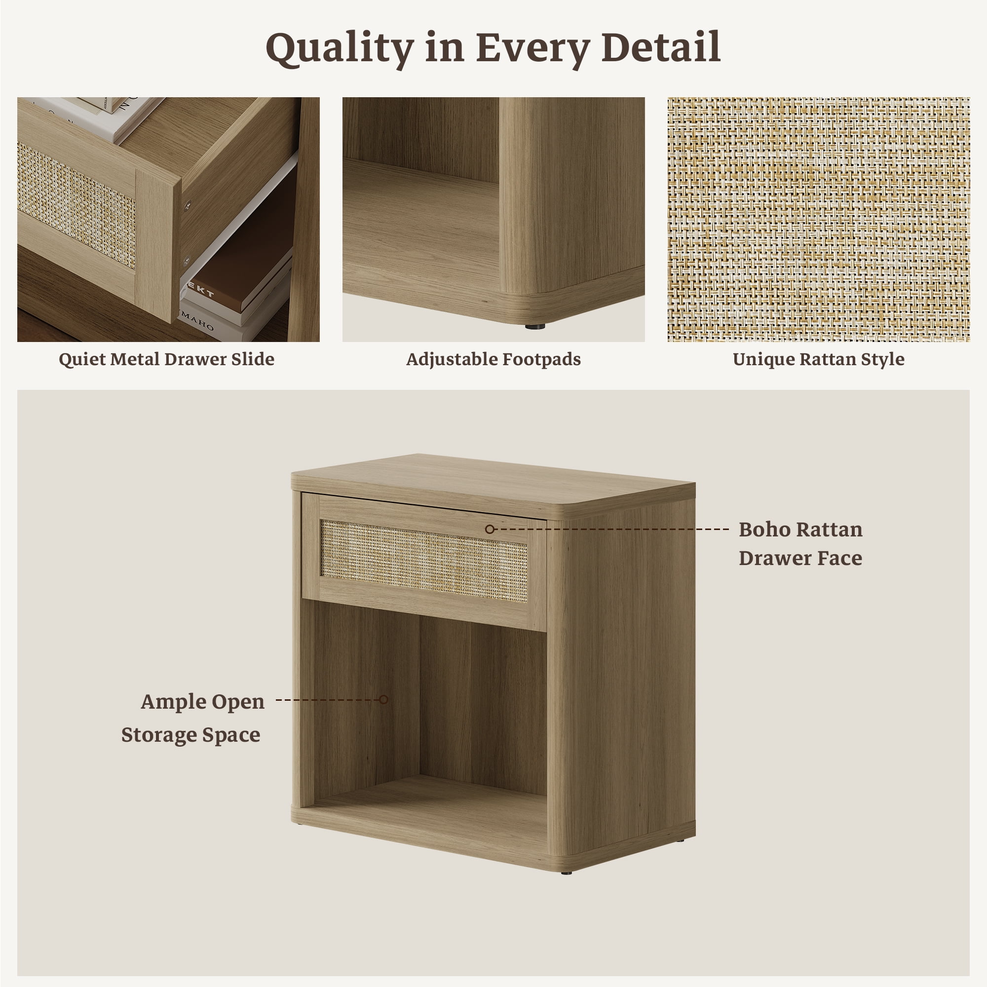 SICOTAS Rattan 27"W Nightstand, Boho Bedside Table with Large Drawer & Open Storage Shelf, Coastal Nightstand, Small Farmhouse Wood End Side Table for Bedroom, Living Room, Natural Oak