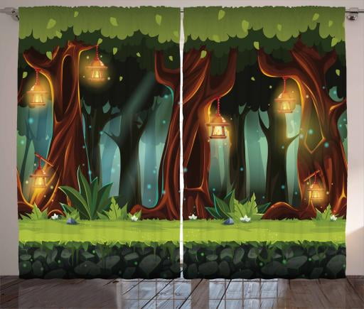 Fairy Tale Curtains 2 Panels Set Enchanted Forest With Blossoming Trees Mystical Background Cartoon Landscape Window Drapes For Living Room Bedroom