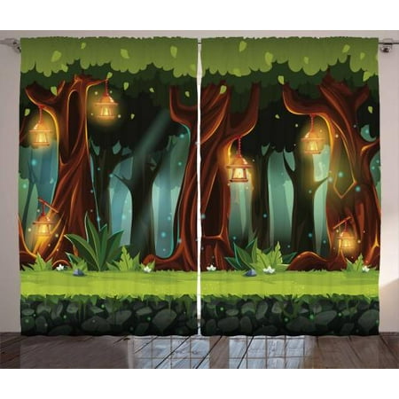 Fairy Tale Curtains 2 Panels Set Enchanted Forest With Blossoming Trees Mystical Background Cartoon Landscape Window Drapes For Living Room Bedroom