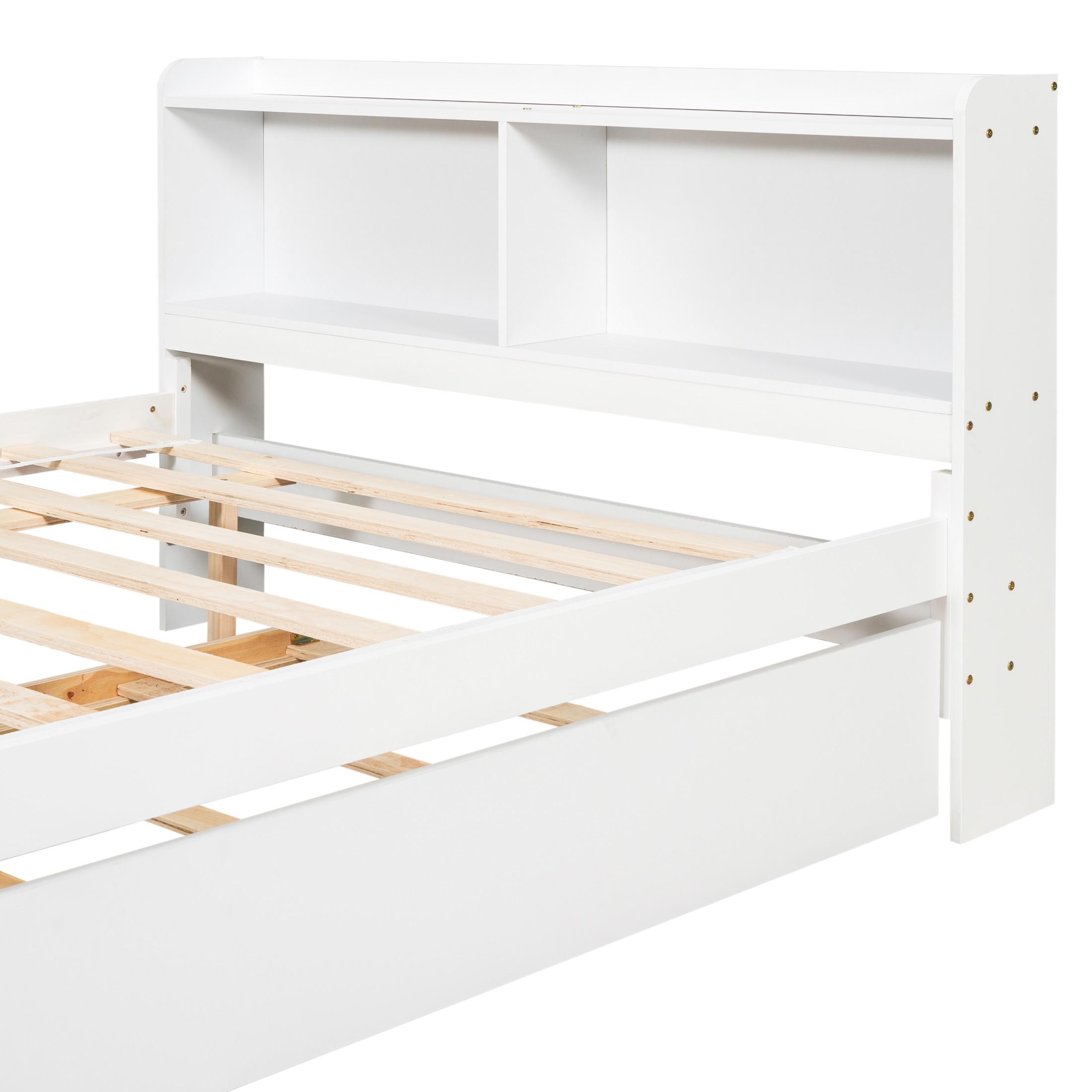 Noble House Keith Full Bed, Pine Wood Frame with Bookcase Headboard and Pull-Out Trundle, White