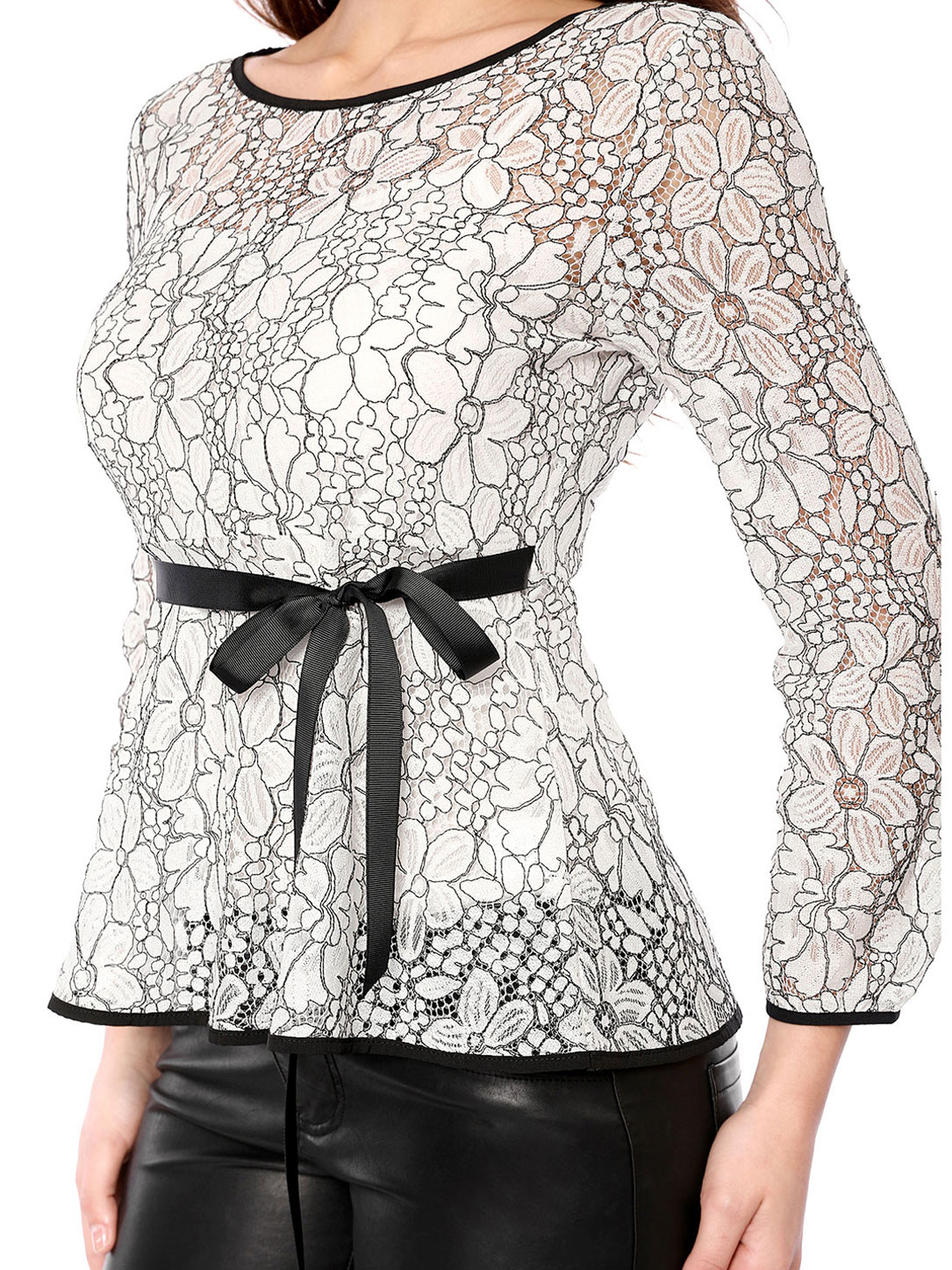 DARING DIVA Self-Tie Waist Semi Sheer Peplum Top S White