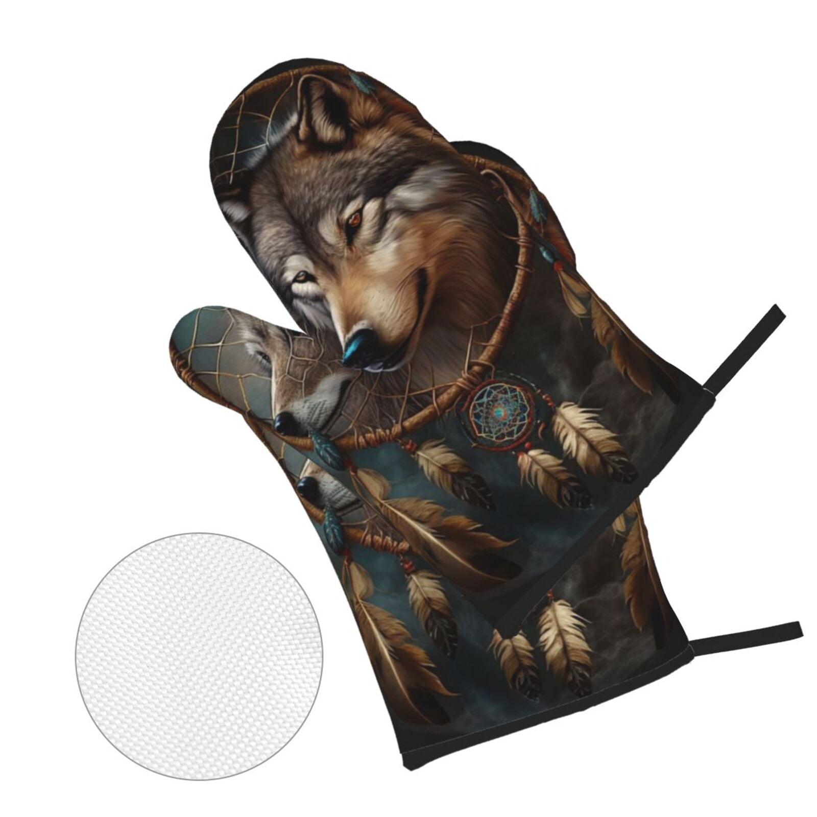 Wolf Indian Dream Feather 4Pcs Oven Mitts and Pot Holders Sets Oven Kitchen Gloves Hot Pads for Cooking BBQ Baking Grilling