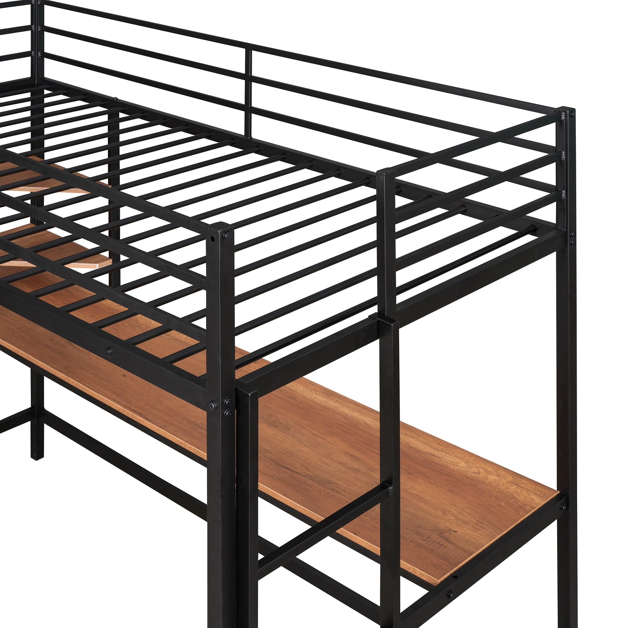 Gewnee Twin Heavy Duty Metal Loft Bed Frame  with Desk and Shelves ,Ladder and Full-Length Guardrail,Black