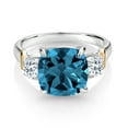 thumbnail image 2 of Gem Stone King 925 Silver and 10K Yellow Gold London Blue Topaz and White Topaz 3 Stone Ring for Women (5.86 Cttw, Gemstone November Birthstone, Cushion 10MM, Round 4MM, Size 8), 2 of 3