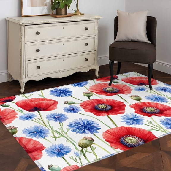 3'x5' Area Rugs, Red Poppy Flower Indoor Outdoor Area Rug for Living Room Bedroom, Blue Watercolor Budding Floral Summer Washable Bathroom Rugs Kitchen Floor Carpet Mats Home Decor Aesthetic