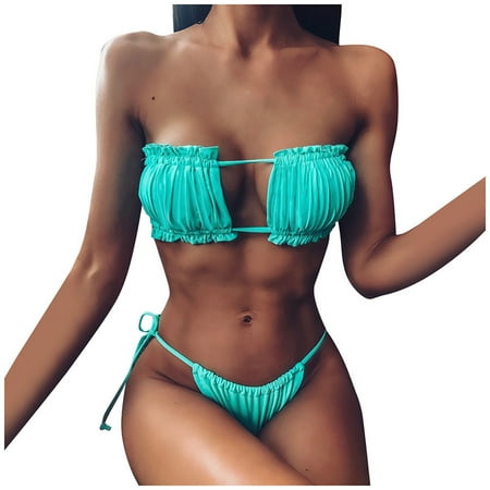

VKEKIEO Two-Piece Sets Swimsuit Sport Bra Style Padded Green S