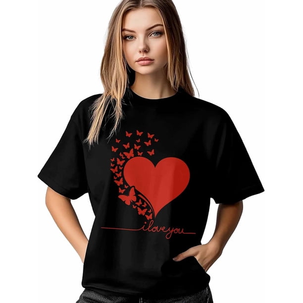 Camiseta de mujer, camisetas de manga corta, camisetas casuales, camisetas de cuello redondo con corazones y mariposas para el Día de San Valentín para mujer