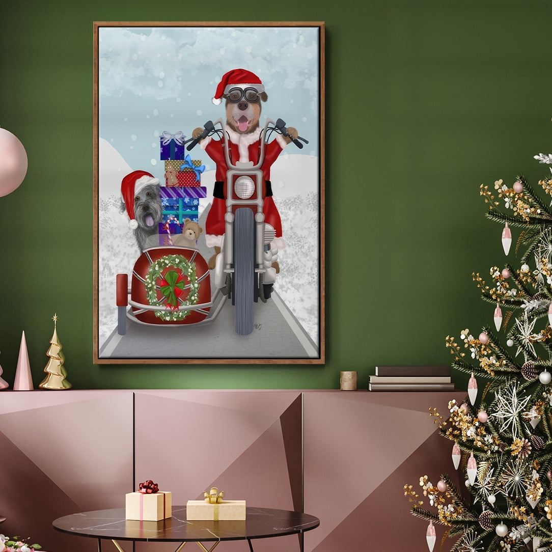 Christmas Mutts Christmas Chopper - Framed Gallery Wrapped Holiday Canvas - 25 x 37 - Rosewood Frame