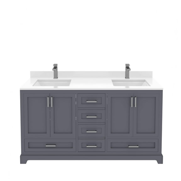 Ayna Decors Maya 60 in Charcoal Grey Double Sink Bathroom Vanity Set with White Quartz Countertop | 4 Soft Closing Doors | 6 Full Extention Soft Close Drawer | Brushed Nickel Hardware | AVM60NB3002