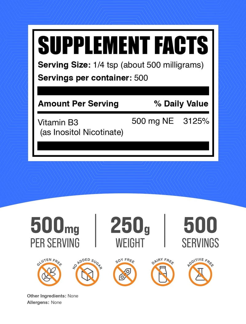 BulkSupplements Flush Free Niacin (Inositol Hexanicotinate) Powder- 500mg per Serving - 250 Grams (8.8 oz) - 500 Servings