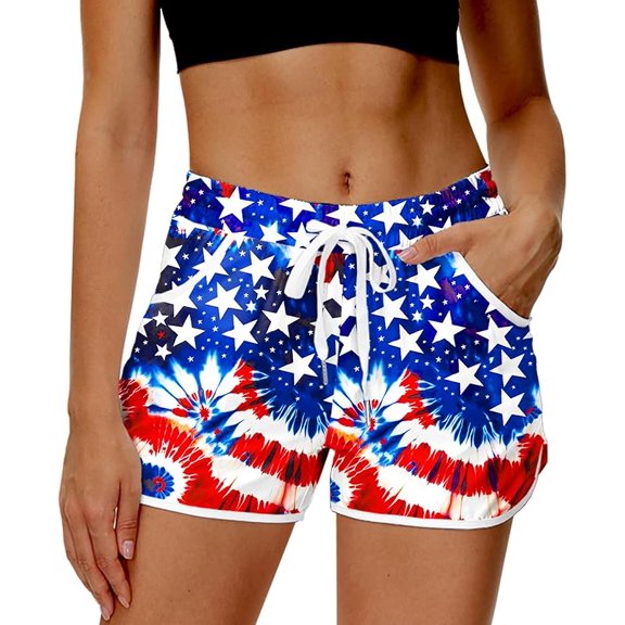 Women 4th of July Board Shorts Hawaiian Tropical Print Beach Swim Shorts with Pockets