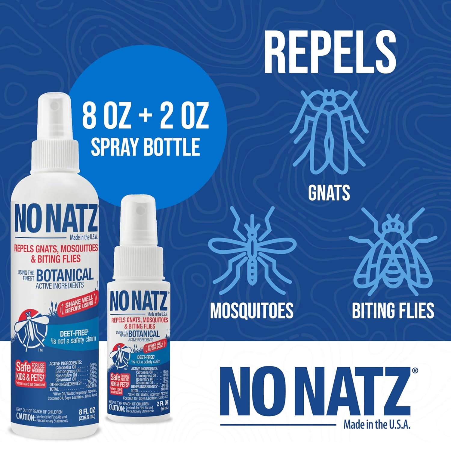 No Natz Botanical Insect Repellent, DEET-Free, Made with Natural Essential Oils, Non-Greasy Formula, Fresh Scent, 8 Fl. Oz. and 2 Fl. Oz. Spray Bottle Set