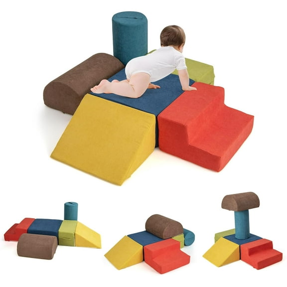 INFANS Climbing Toys for Toddlers, 6pc Kids Climb and Crawl Soft Foam Block Activity Structure Play Set with Chenille Fabric, Indoor Foam Play Gym for Baby Crawling and Sliding
