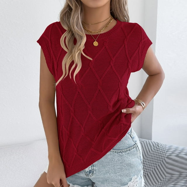 Tejiojio Women's Cable Knit Sleeveless Blouse Round Neck Loose Fit Casual Summer Knitted Tops