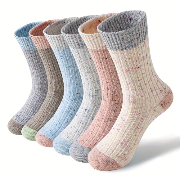 LEEYNEER [Cozy Merino Wool Socks] 6 Pairs Merino Wool Women‘s Striped Crew Socks | Long Warm Winter Thermal Thick Cozy Cabin Hiking Boot Work Socks  Color Blocked Fashion Gift