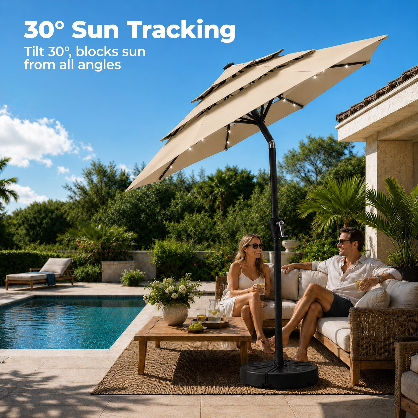 Alvantor 9ft 3‑Layer Solar Patio Umbrella Outdoor with 32 LED Lights, UV50+ Auto Dusk‑to‑Dawn for Dining Table, Outdoor Sofa & Beach Lounger