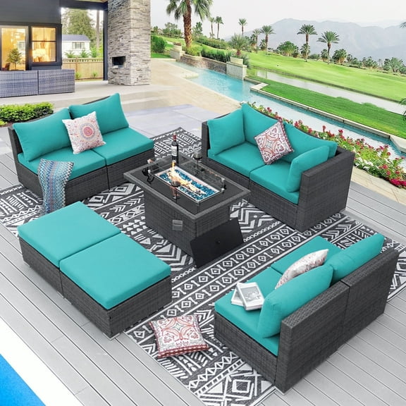 RADIATA 9 Pcs Outdoor Furniture with Fire Pit Table Wicker Patio Sectional Sofa Set Dark Gray/Blue