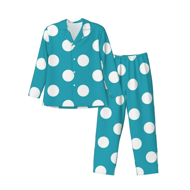Balery Sky Blue And White Polka Dot Pijama para Hombre de Dos Piezas con Manga Larga, Conjunto de Dormir y Descanso Suave con Bolsillos-Small