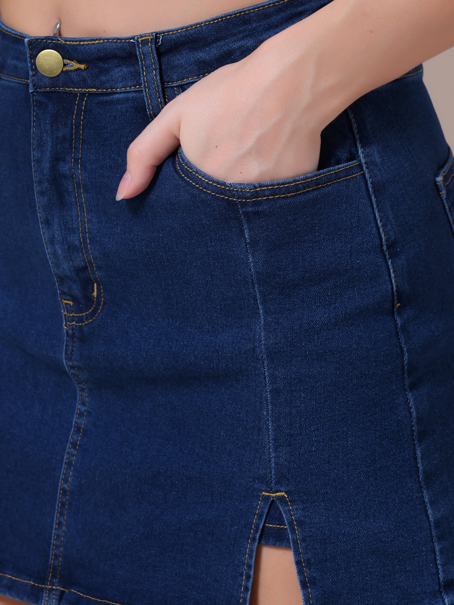 DARING DIVA Women's High Waisted A Line Stretchy Side Slit Mini Denim Skirt L Dark Blue