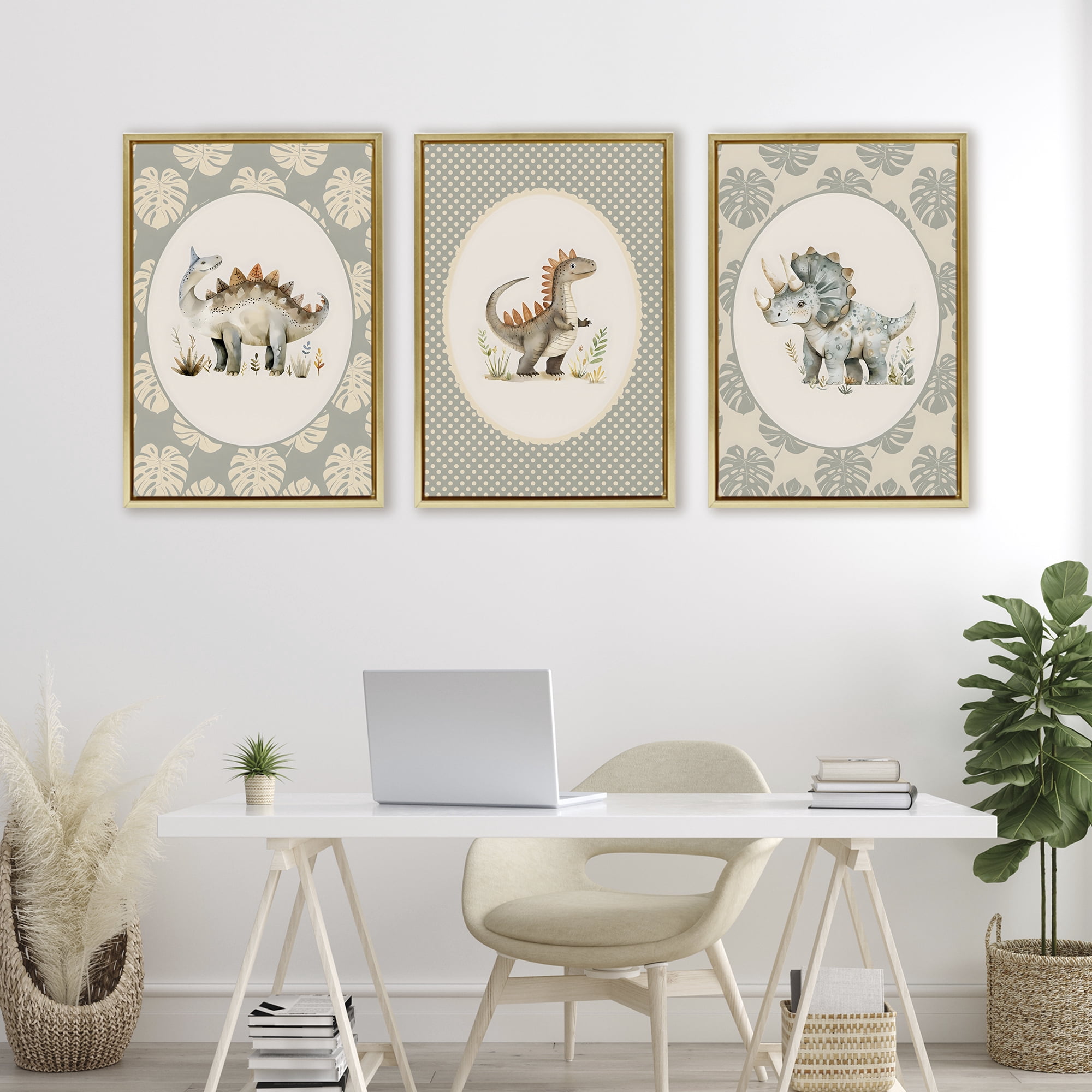 Stupell Industries Nursery Dinosaurs Tropical Border 3 Piece Gold Framed Floater Canvas Set, design by LSR Design Studio