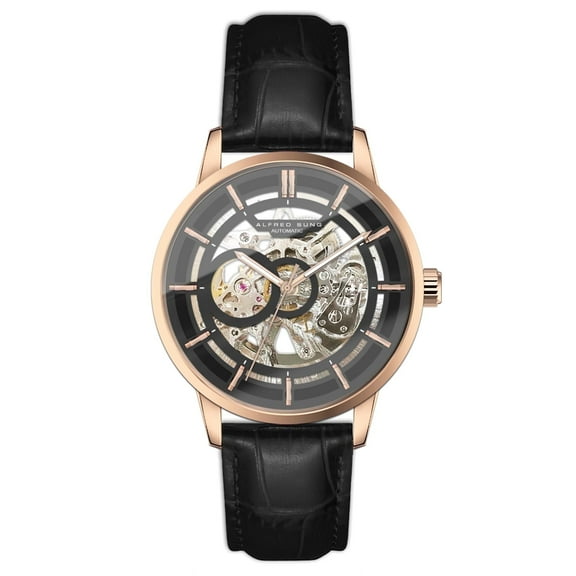 Alfred Sung Automatic III Black Skeleton Dial Black Leather Strap Men's watch