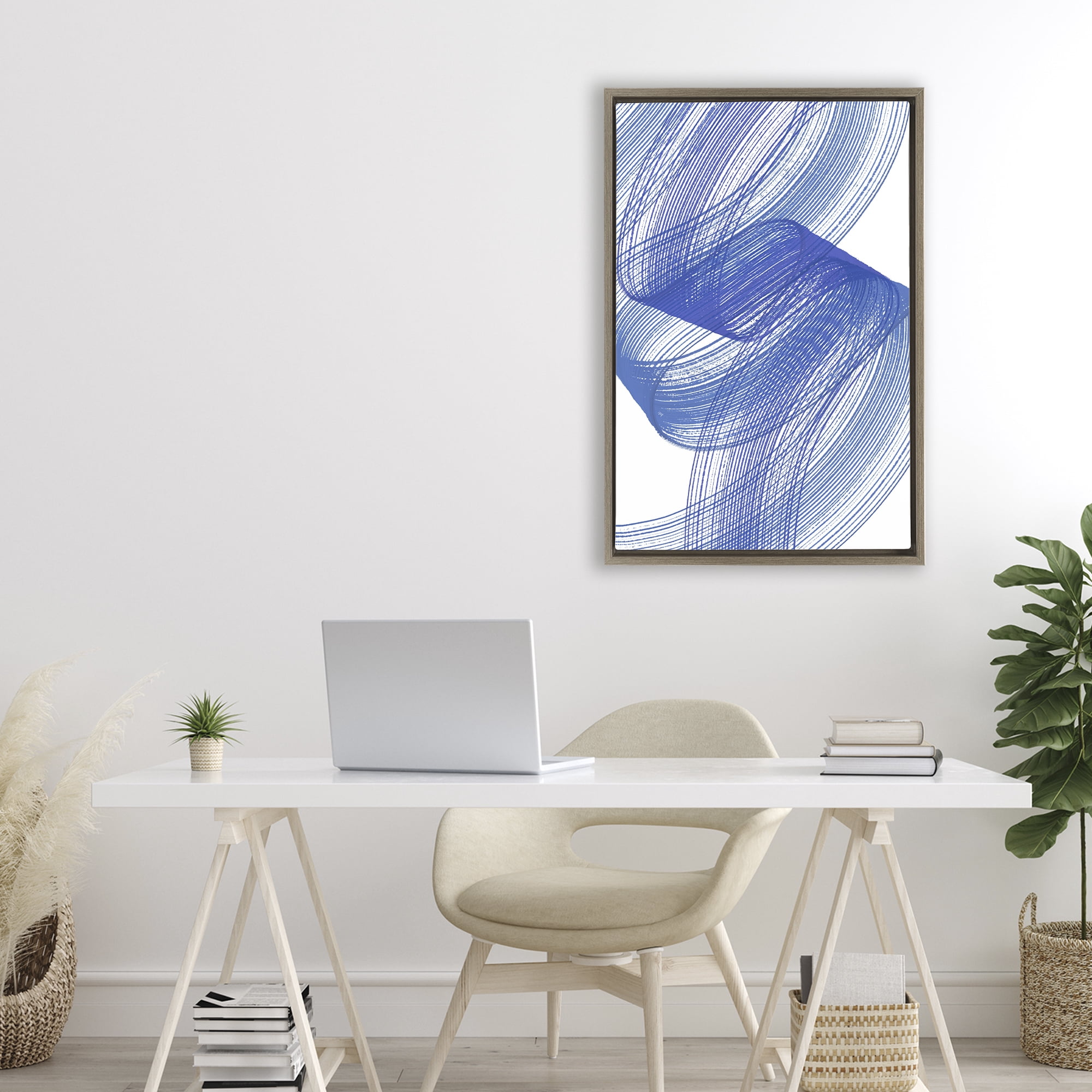 Stupell Industries Blue Lines Flowing In Motion Brown Framed Floater Canvas Wall Art, design by Martina Pavlova