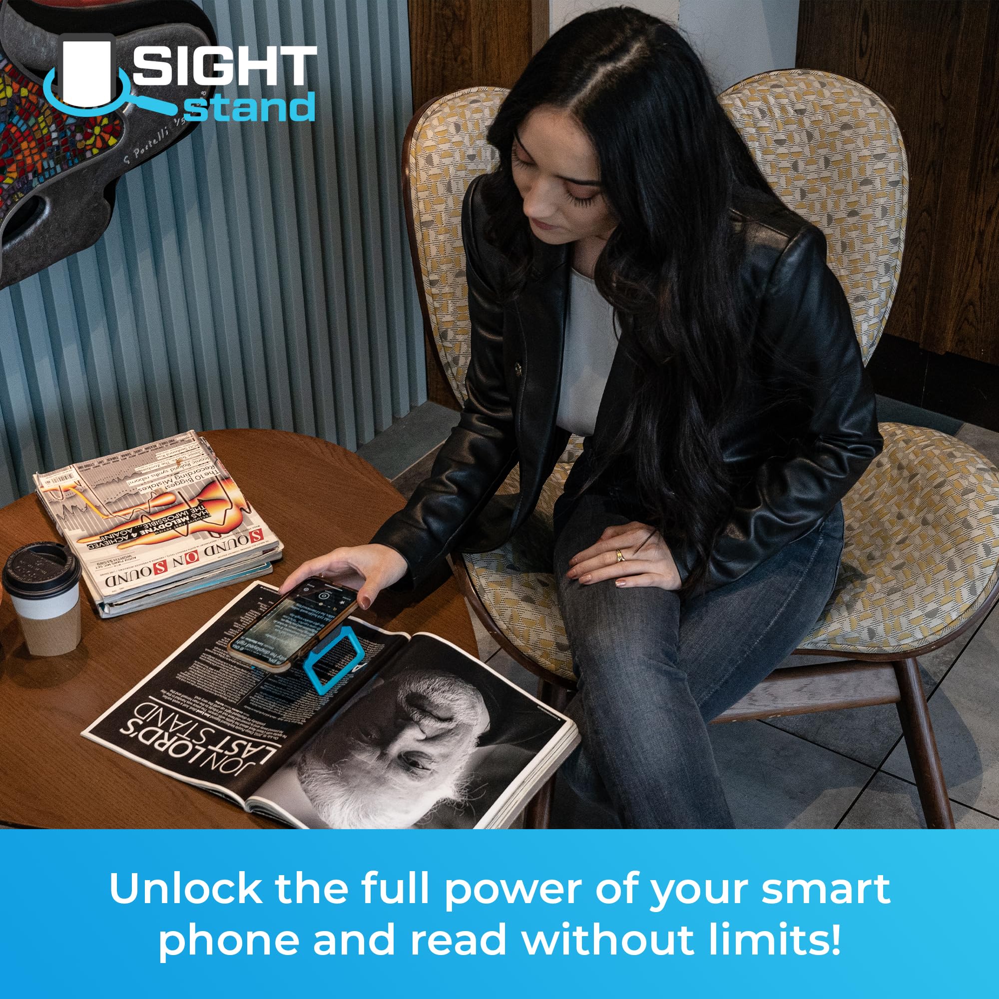 SightStand Universal Phone Stand with Clip-On Magnifier Lens – Adjustable Smartphone Holder for Reading Assistance