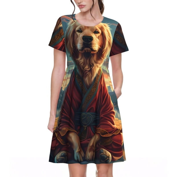 Easygdp Meditating Golden Retriever para Vestido Transpirable de Mujer, Vestido Suelto de Manga Corta con Pliegues y Bolsillos para el Verano