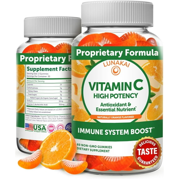Lunakai Vitamin C Gummies for Adults and Kids Organic VIT C Vegan 250mg 30 Day Supply