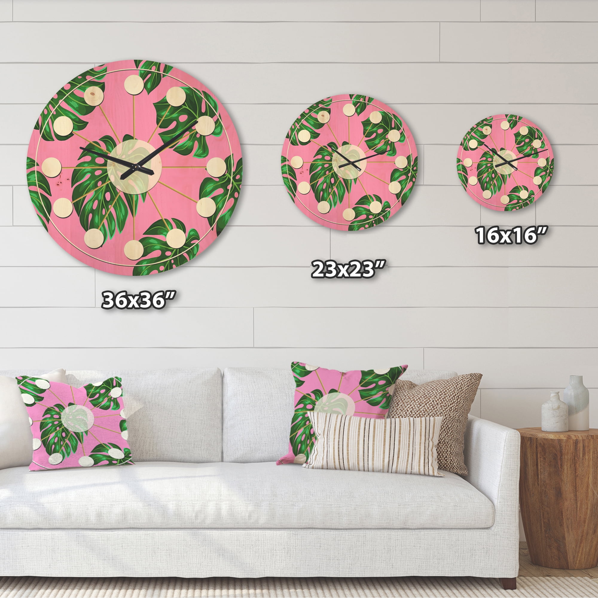 Designart 'Palm Tropical Leaves III' Mid-Century Modern Wood Wall Clock