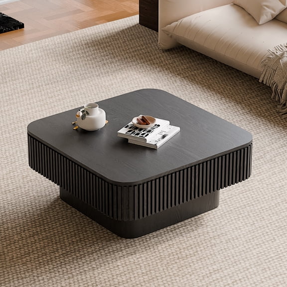 Square Coffee Table with Storage, Farmhouse Solid Wood Accent Tea Table, Modern Fluted Drum Center Table for Apartment Living Room, Black