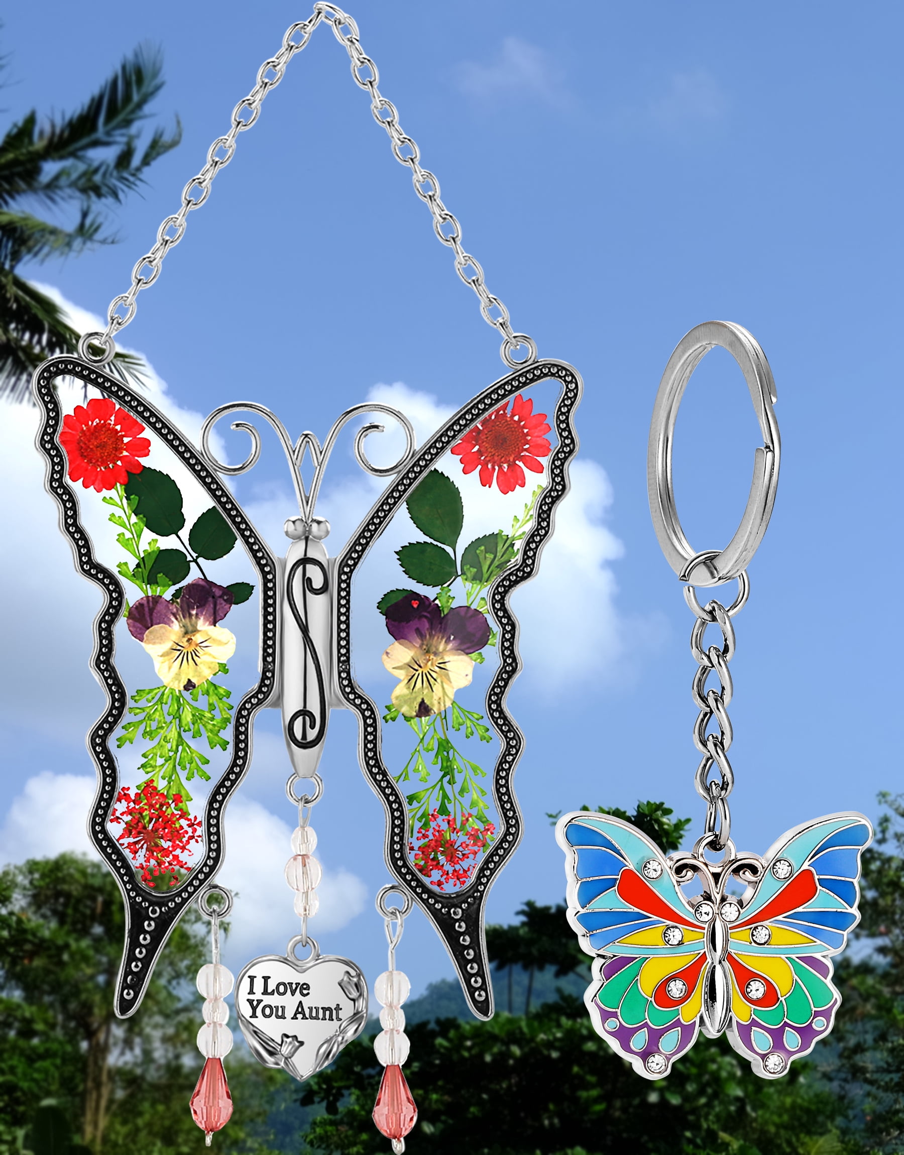 I Love You Aunt Butterfly Suncatchers& Blue Butterfly Keychain Silver Zircon & Stained glass and really flower material Color box packing Make Happy Mother's Day Gifts for Aunt Birthday Christmas