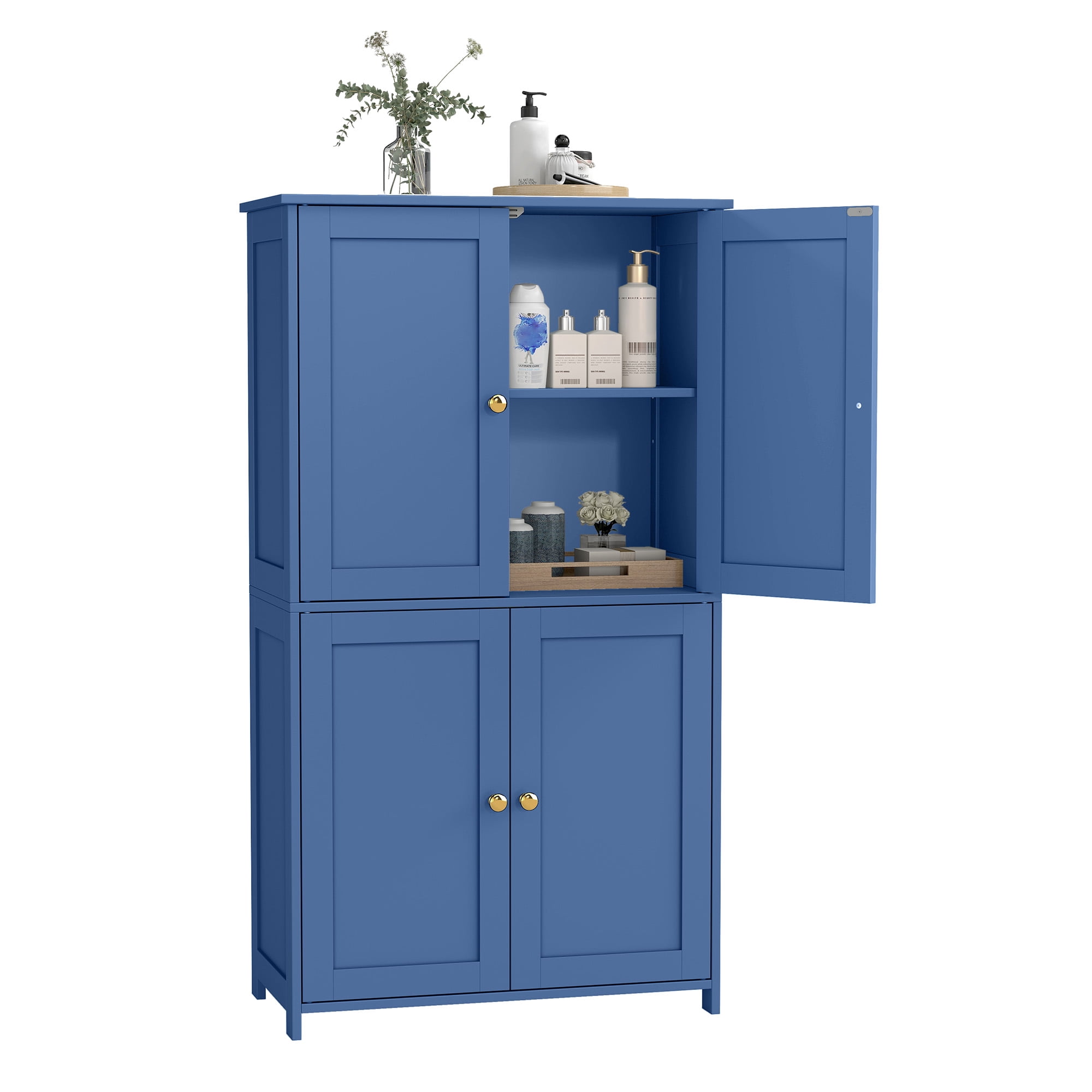 LEDREM Bathroom Storage Floor Cabinet Organizer with Adjustable Shelf 4 Magnetic Doors Freestanding for Living Kitchen Room Small Spaces,Blue
