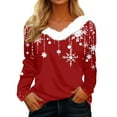 thumbnail image 2 of Qwertyu Christmas Gift Furry Shirts for Women Fashion Xmas Tree Printed Tops Faux Fur Trim Holiday Tops Casual Long Sleeve Sweaters Loose V Neck Blouses Red XL, 2 of 5