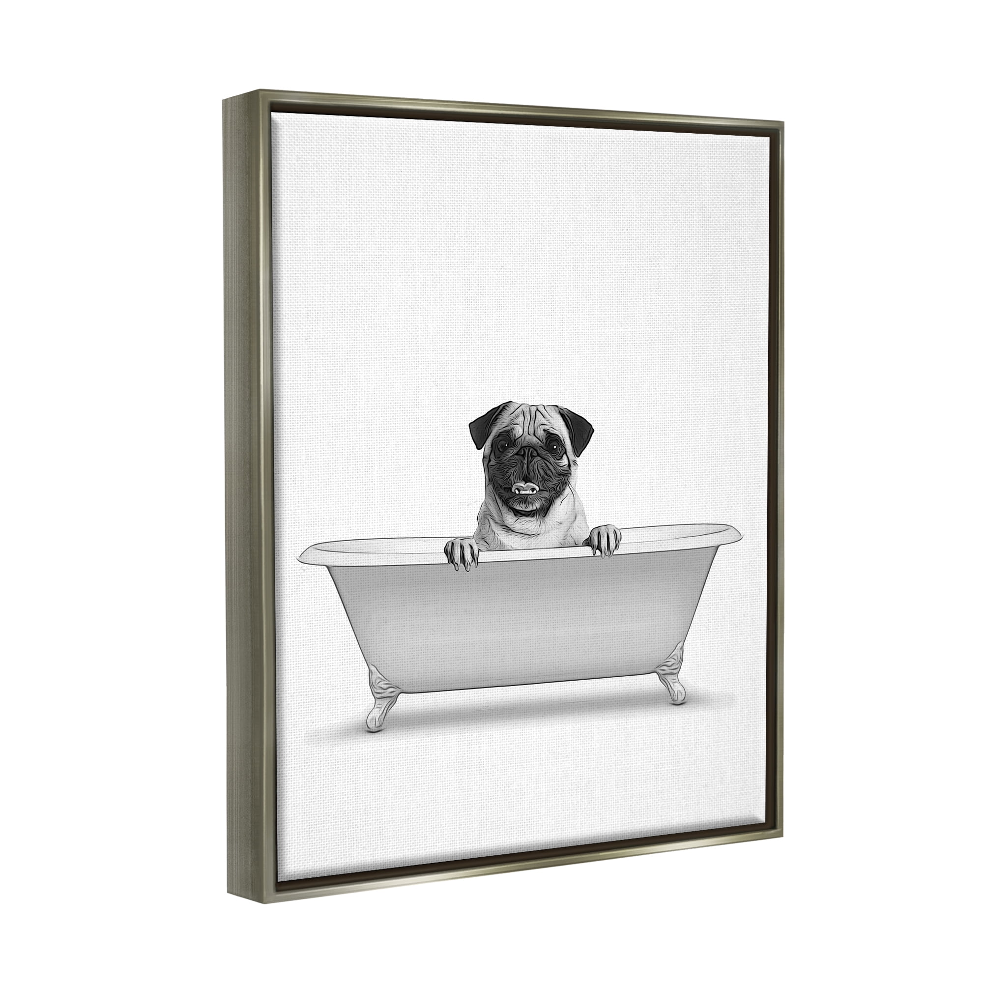 Stupell Industries Pug Dog In Tub Bathroom Pet Animals & Insects Painting Gray Floater Framed Art Print Wall Art