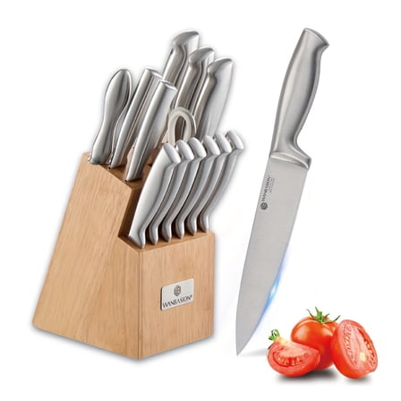 14pcs German Stainless Steel Kitchen Knife Set with Block & Sharpener - Chef Steak Knives & Scissors, Dishwasher Safe