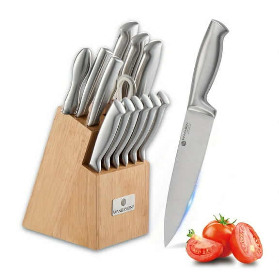 14pcs German Stainless Steel Kitchen Knife Set with Block & Sharpener - Chef Steak Knives & Scissors, Dishwasher Safe