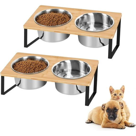 Set of 2 Bamboo Raised Dog Bowl with 2 Stainless Steel Food Water Bowls