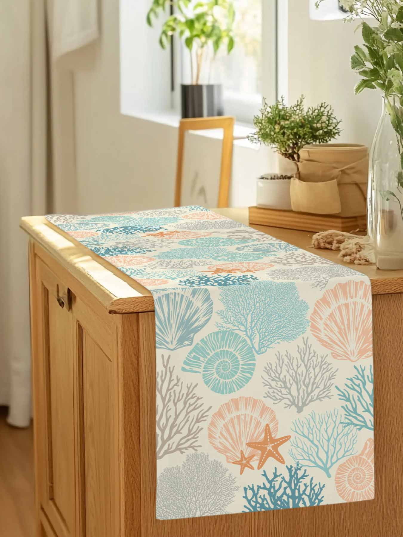 Ocean Coral Shell Conch Starfish Table Runner 90 Inches Long, Retro Underwater World Table Runners Tabletop Scarf Kitchen Dining Tables Decoration for Home Party Indoor Outdoor
