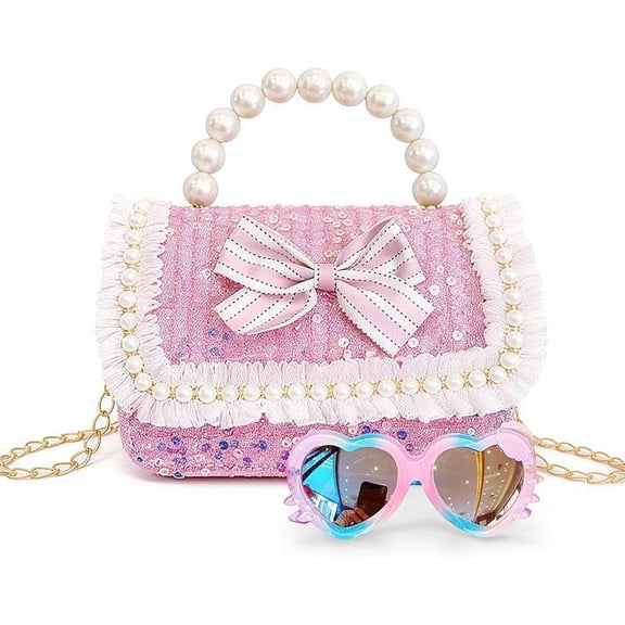 Toddler Purse for Girls With Pearl Bow and Sunglasses Kids Crossbody Bag, Princess Handbag, Birthday Gift(Pink)