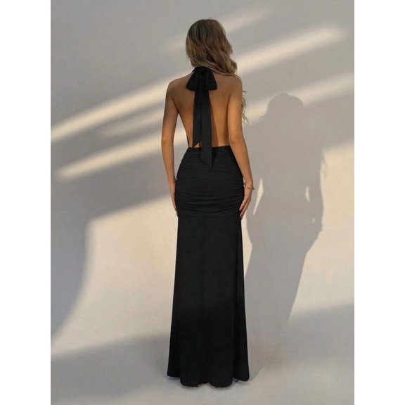 Black Backless Halter Maxi Dress With Ruched Waist And Tie Neck