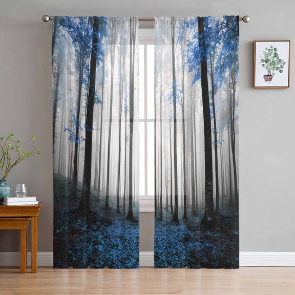 ERUNPONLY Blue Forest Sheer Curtains 84 Inch Length 2 Panels Set, Vintage Foggy Woods Tree Mysterious Voile Window Treatment Curtains Sheers Drapes for Bedroom/Living Room/Kitchen 52"x84"x2