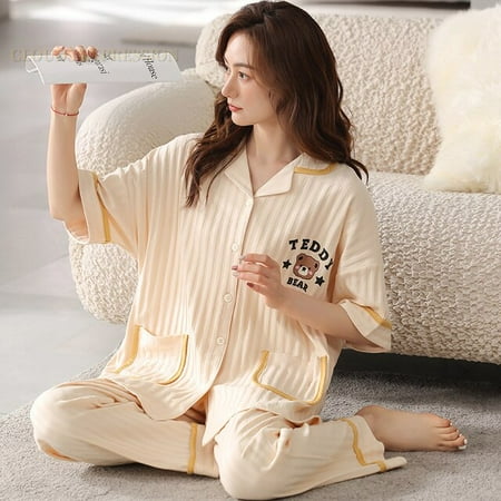 

QWZNDZGR Summer New Short Sleeve Women s Pajamas Set Cartoon Leisure Nightwear Knitted Cotton Plaid Long Pants Sleepwear Fashion Homewear