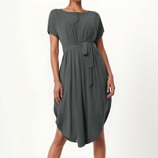 WILLBEST Vestidos Casuales Para Mujer 1 Vestido Casual Para Mujer, Holgado, Con Botones Y Cinturón, Para Uso Diario, Primavera, Verano Y Otoño, Básico, Color Liso, Midi