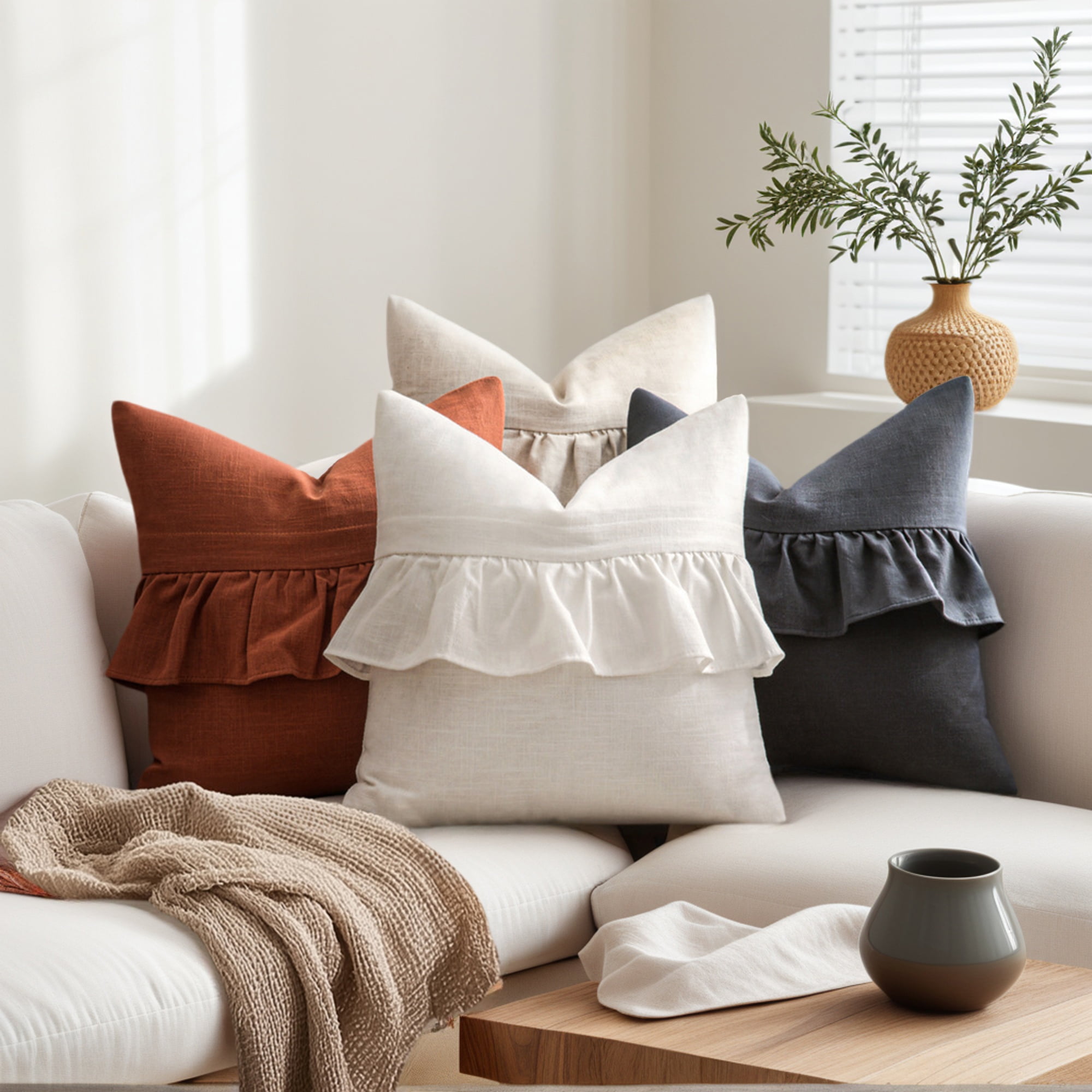 Unique Bargains Solid Boho Throw Pillow Covers with Ruffles Set of 1 Milky White 18" x 18"