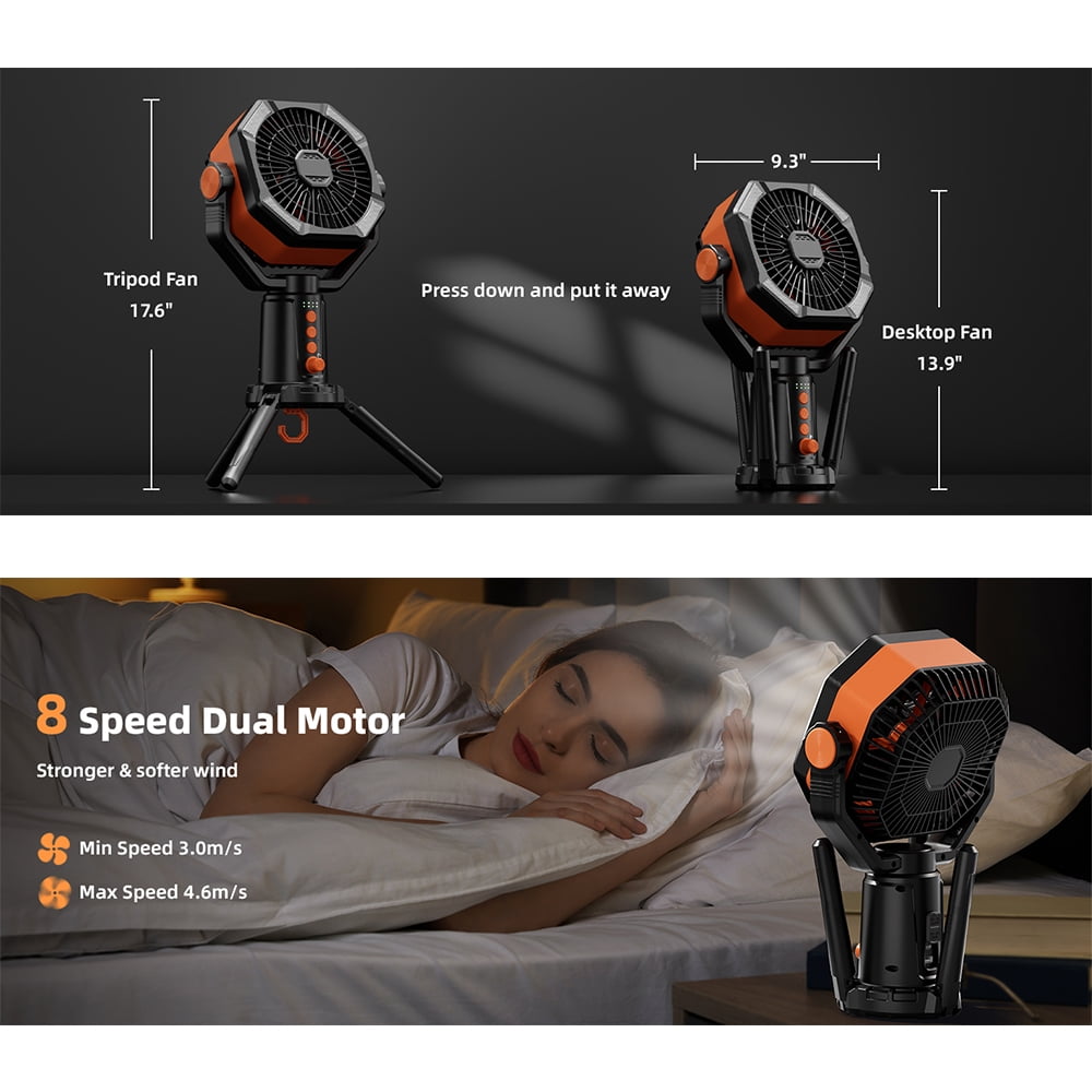 Table Fans Tripod, 20000mAh Rechargeable Battery Operated Portable Tent Fan with LED Lantern, Remote Control, Hook, 270° Pivot, Stepless Speed-Ideal for Camping, Picnic, Barbecue, Jobsite