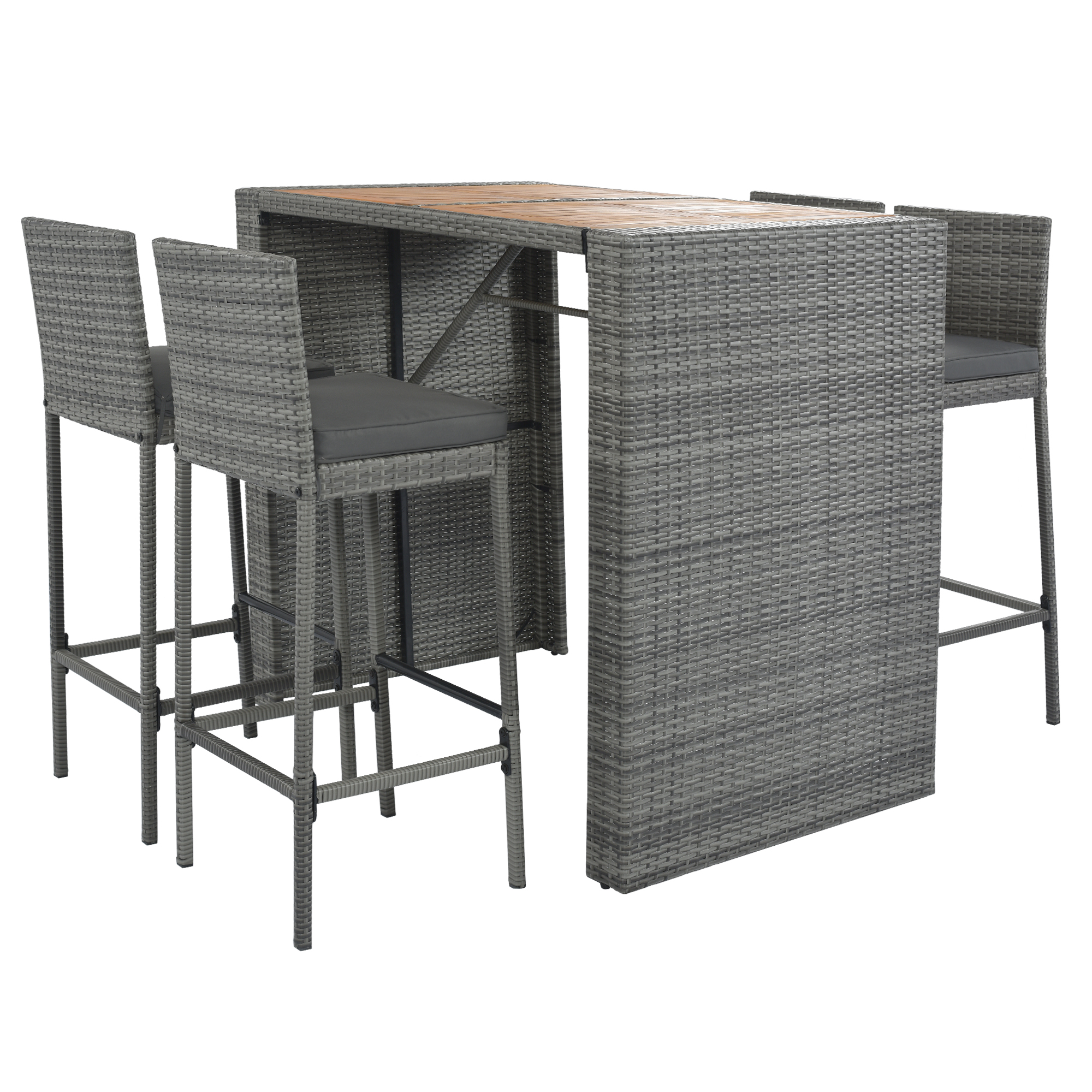Seizeen 5 Pcs Outdoor Bar Set, Patio Wicker Furniture Set with Storage Table, Wood Bar table & Cushioned Chairs with Backrest for Bistro Backyard Porch Garden Poolside, Gray - image 3 of 11