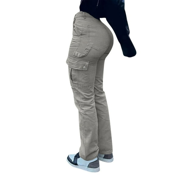 WTOBBY Women's Fashion Solid Color High Waist Hip Lifting Work Clothes Jeans with Multiple Pockets, Stylish and Functional Denim Pants for Casual Wear,Beige L