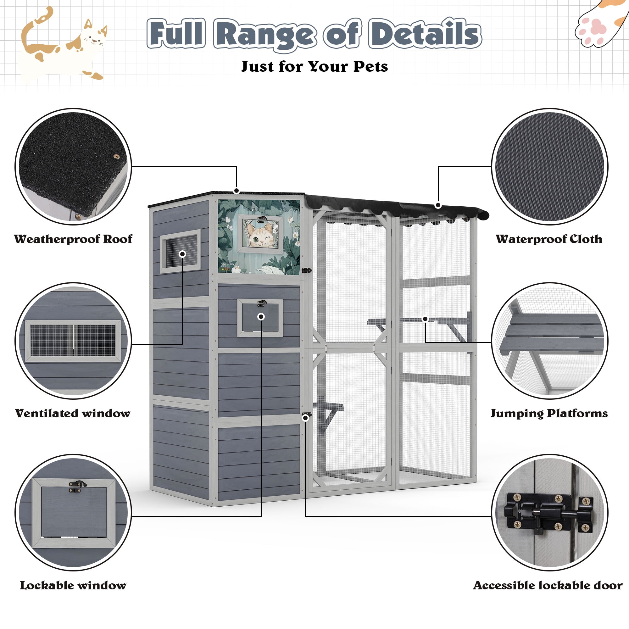 COZIWOW Wood  Cat House Catio Outdoor Enclosure, 2 Resting Condos, 2 Platforms, 4-Tier Cat Play Cage, Gray with Pattern
