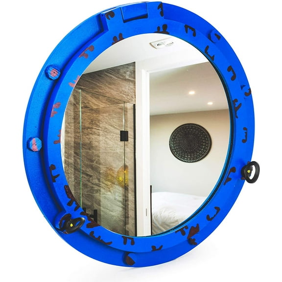 Nagina International Nautical Wall Decor Wooden Handcrafted Porthole Mirror | Pirate' Ship Decor (12 Inches, Blue-Black)